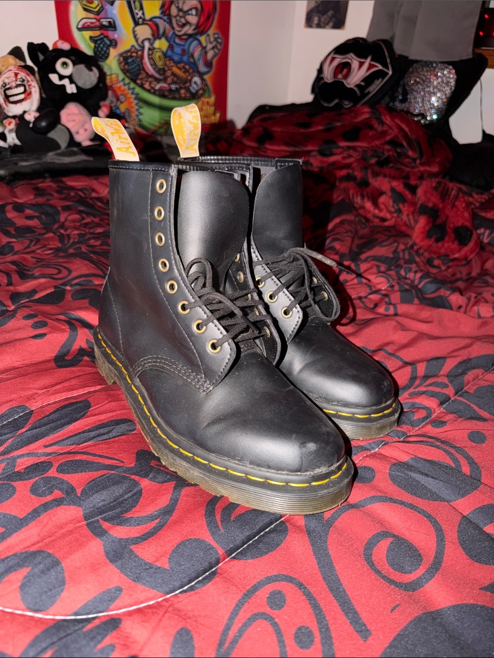 Dr. Martens Black Leather 8-Eye Lace-Up Boots with Yellow Stitching